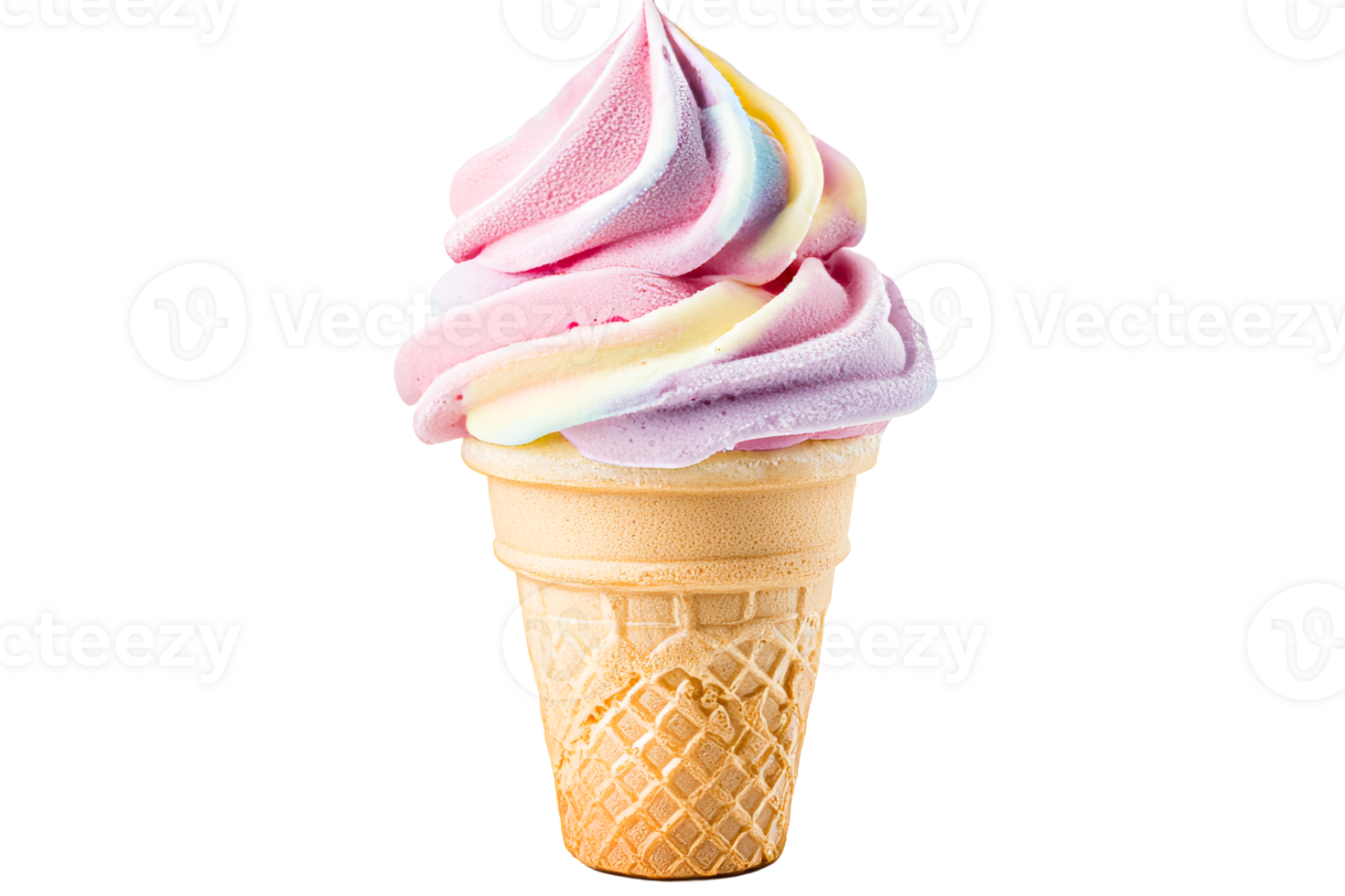 Colorful soft serve ice cream cone on black, cut out transparent png