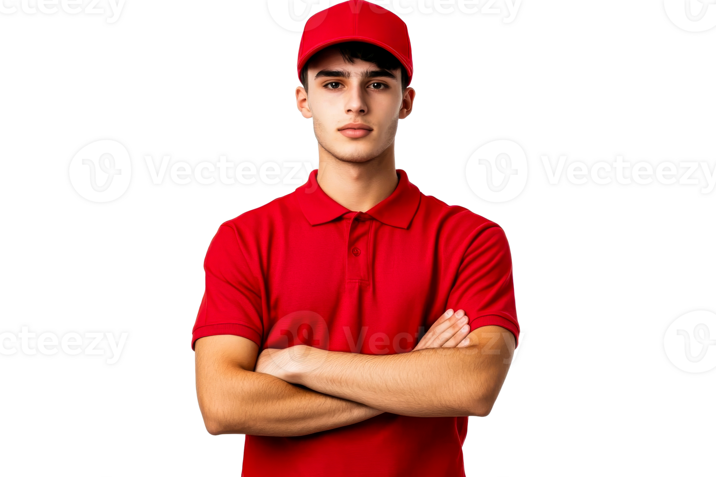 Young delivery man in uniform standing confident, arms crossed, cut out transparent png