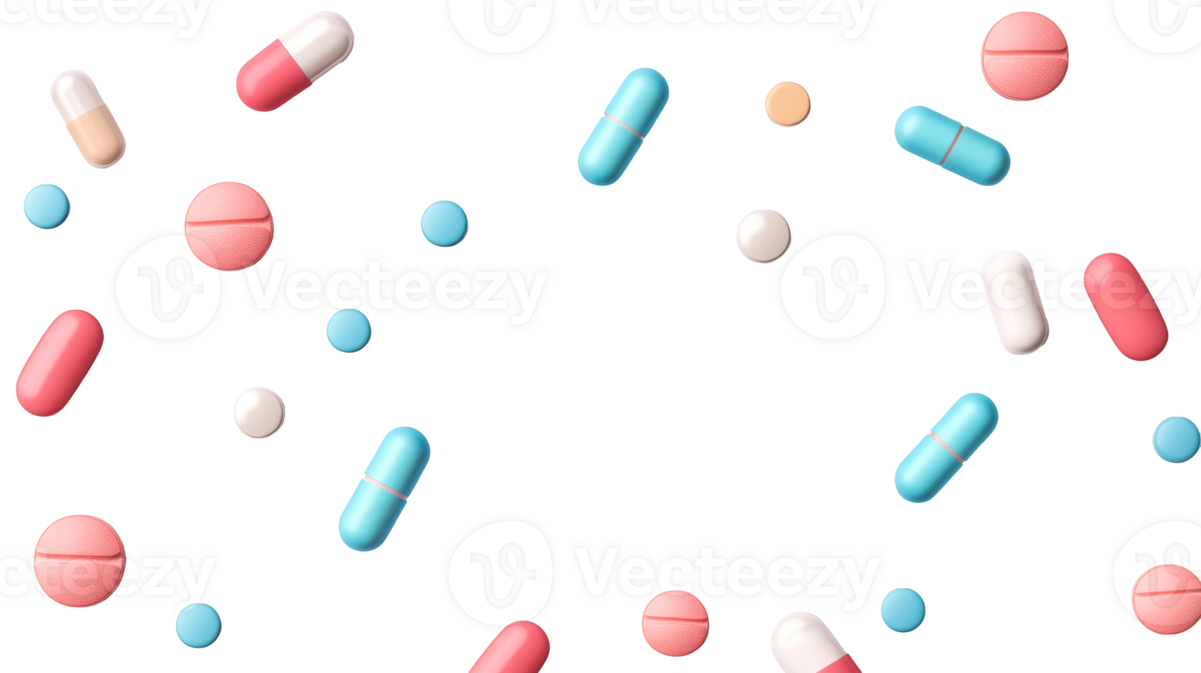 Scattered assortment of pills, tablets, capsules, and medicines, cut out transparent png