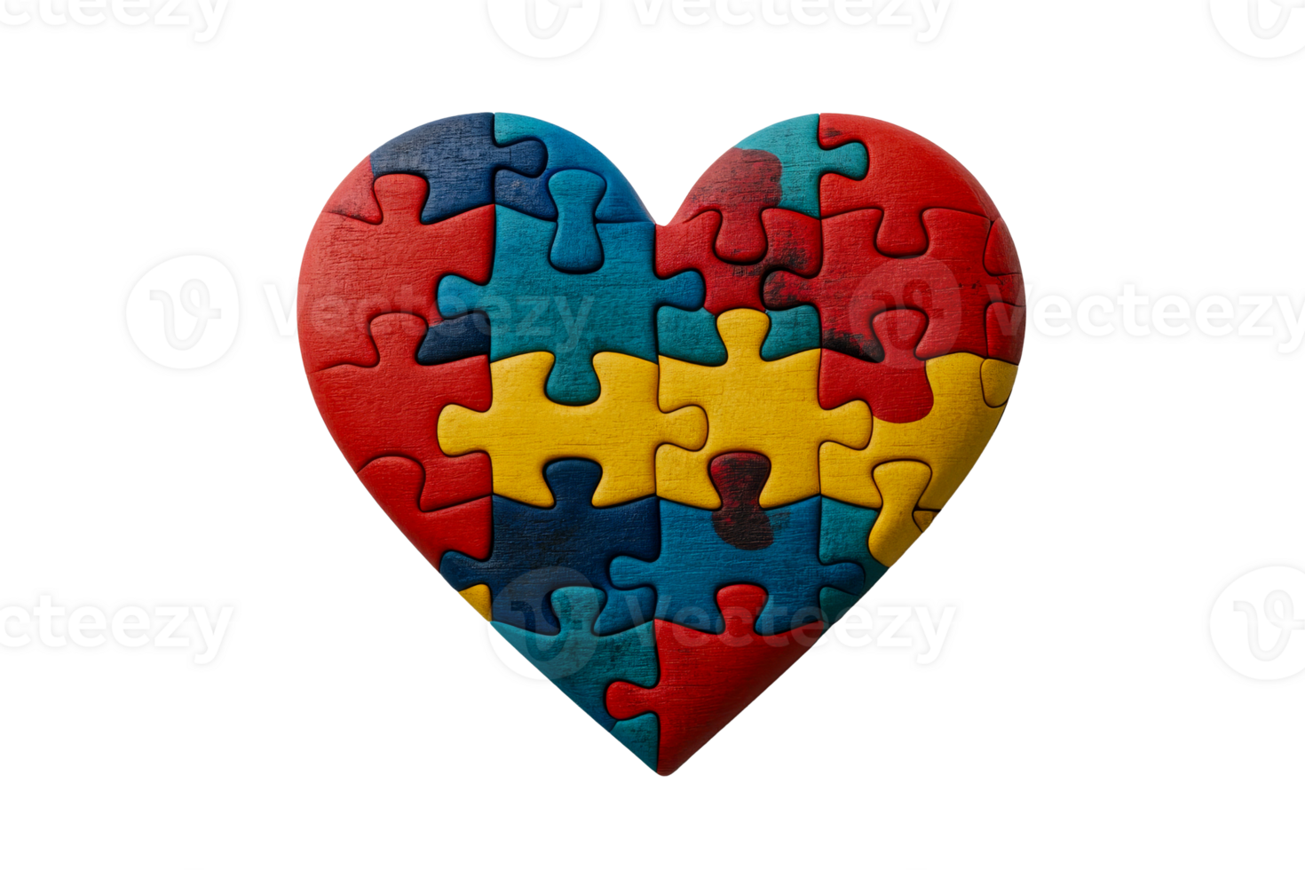 Heart assembled from colorful wooden puzzle pieces, cut out transparent png
