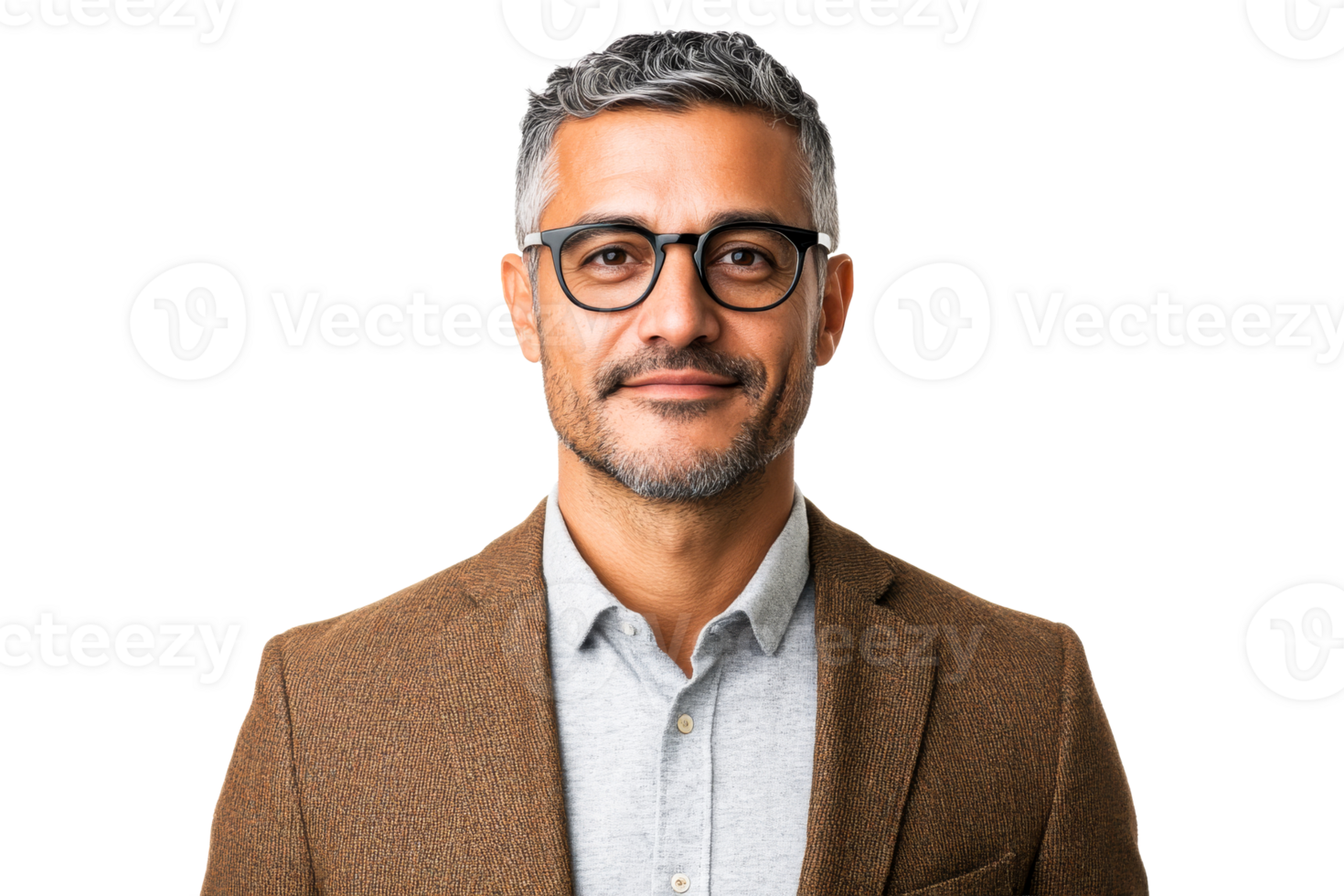 Middle-aged man with gray hair and glasses smiling, cut out transparent png