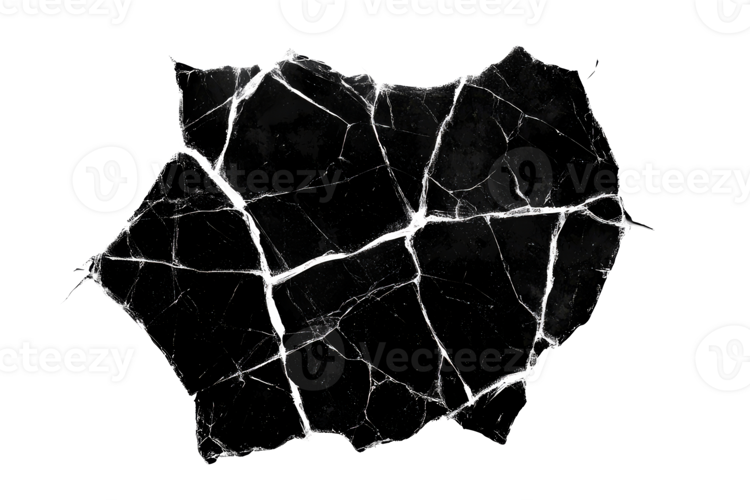 Broken black glass fragments with cracks, isolated, cut out transparent png