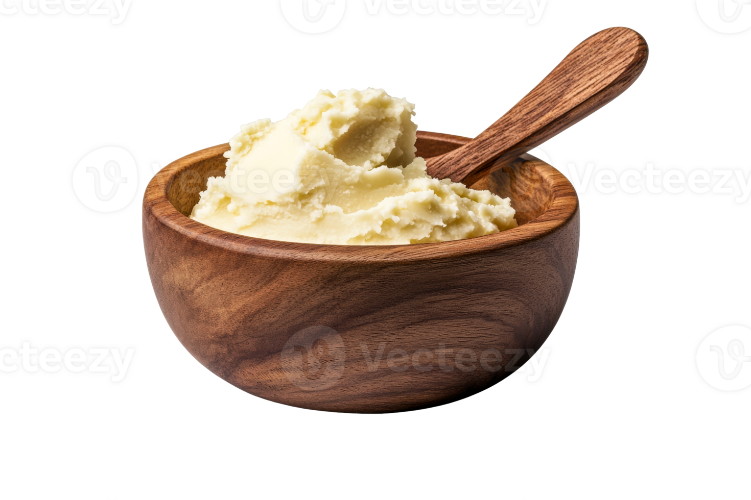 Mashed potatoes in wooden bowl with spoon, cut out transparent png