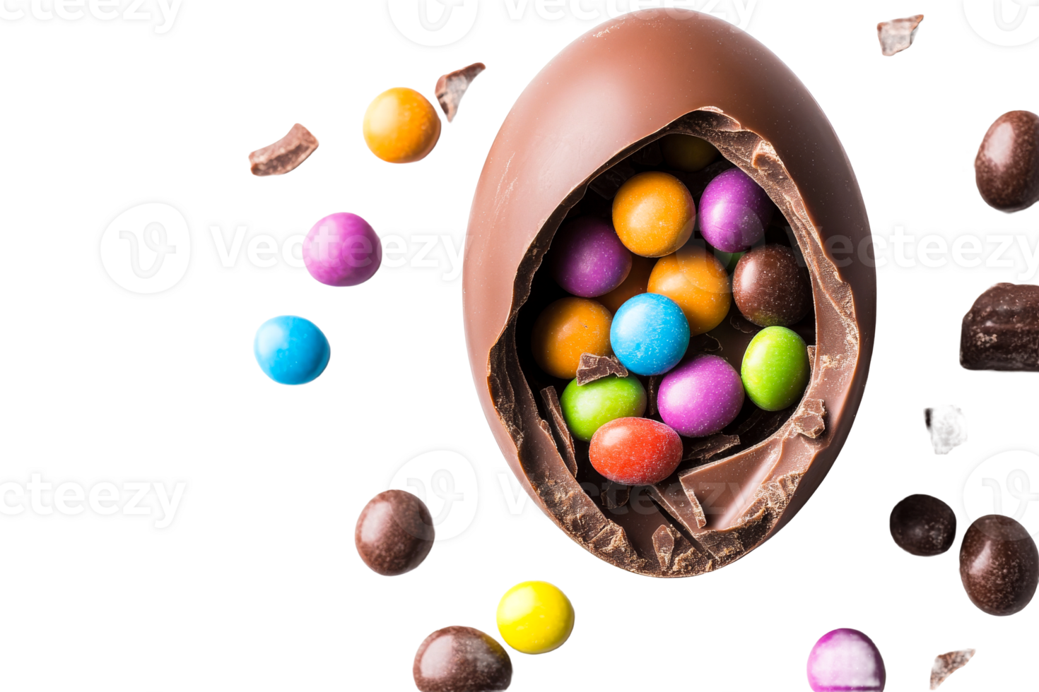 Chocolate Easter egg filled with candy eggs, cut out transparent png