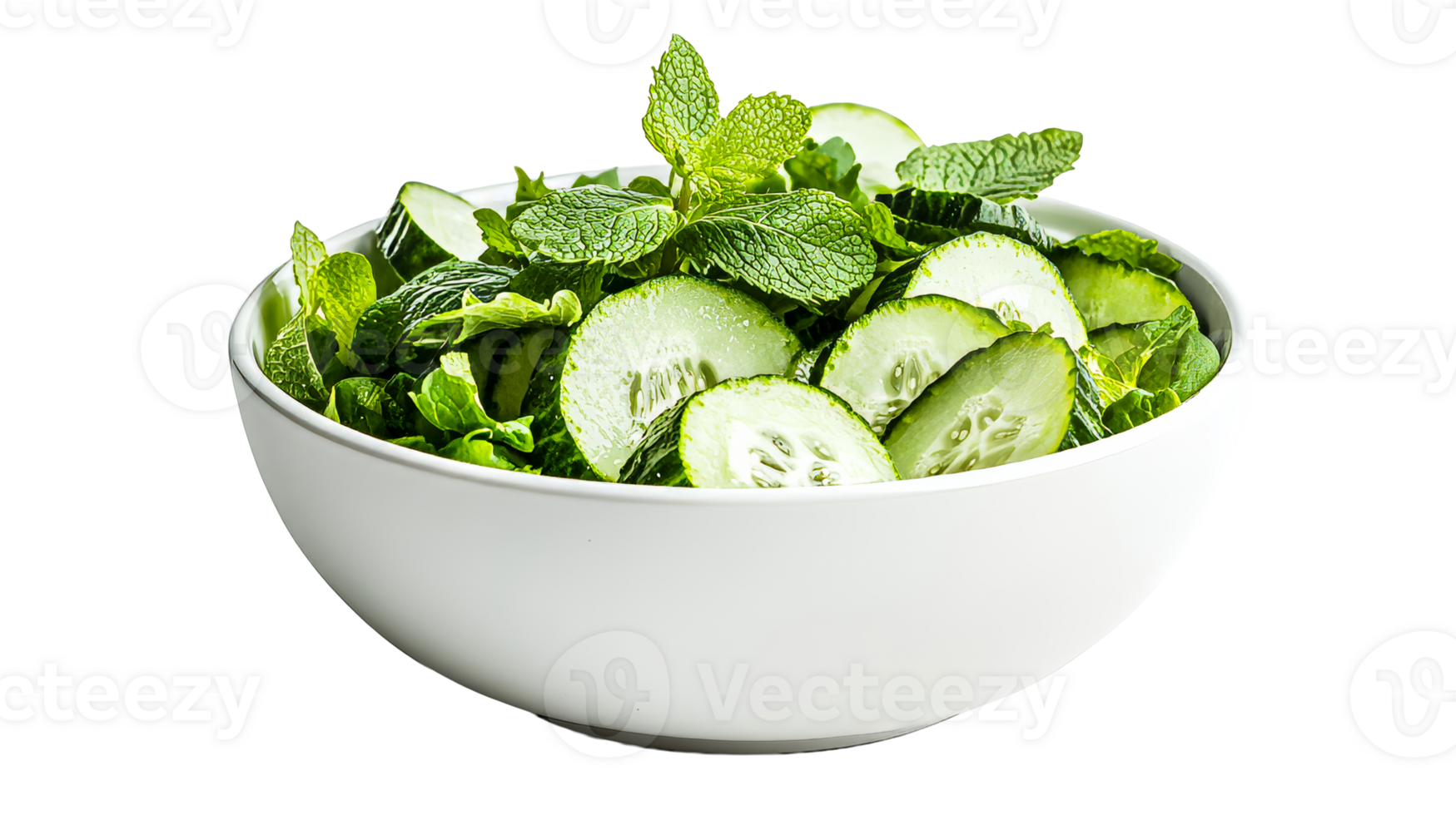 Cucumber mint salad in white bowl, isolated, transparency, cut out transparent png