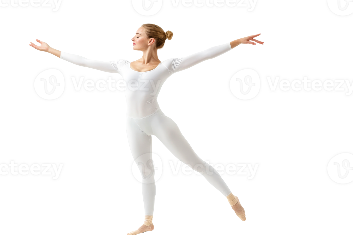Dancer in white bodysuit gracefully strikes pose, cut out transparent png