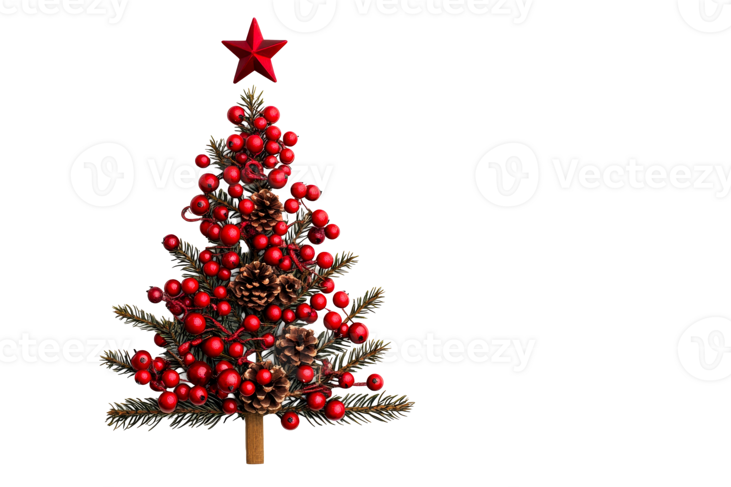 Festive Christmas tree with red berries and star, cut out transparent png