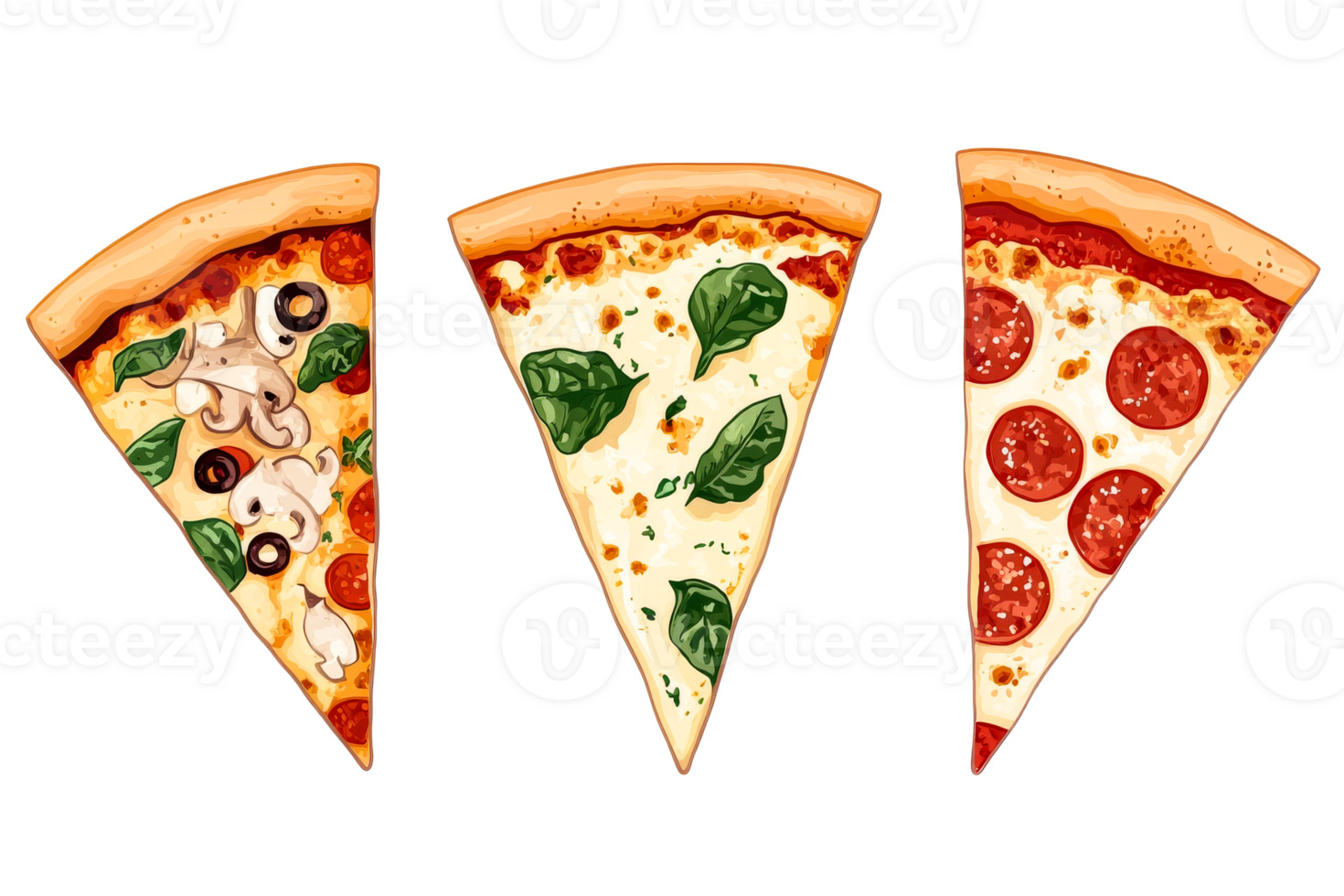 Pizza slices with toppings, different, illustration, cut out transparent png