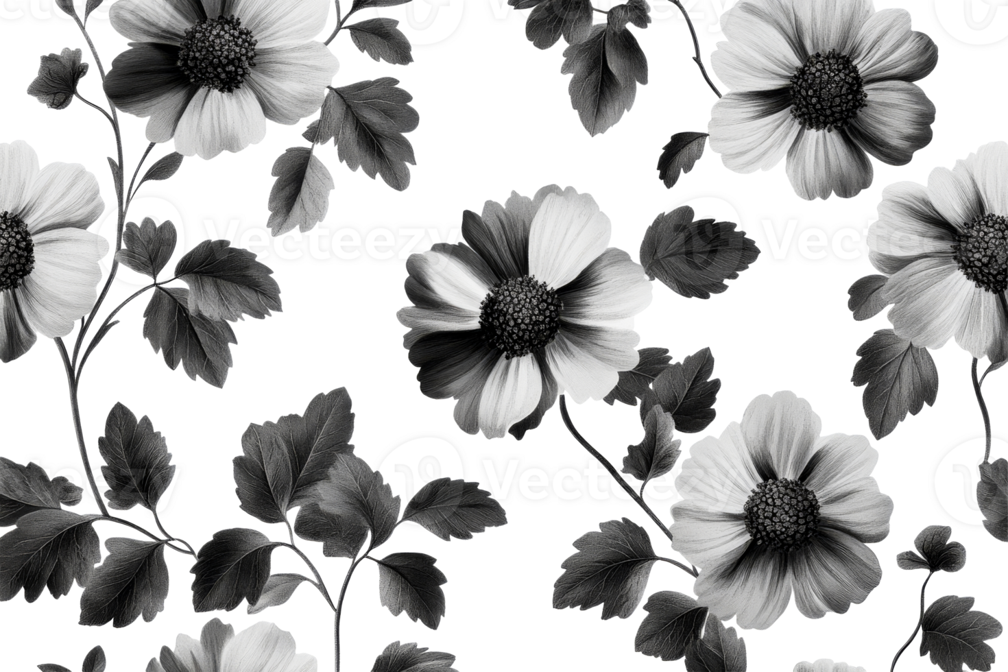 Floral monochrome pattern with anemones and leaves, cut out transparent png