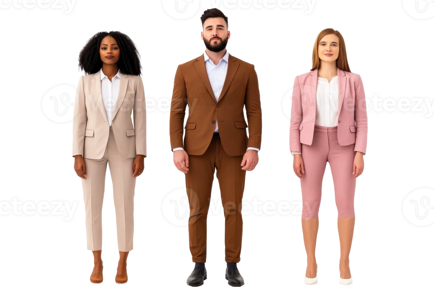Three diverse professionals in elegant suits, standing tall, cut out transparent png