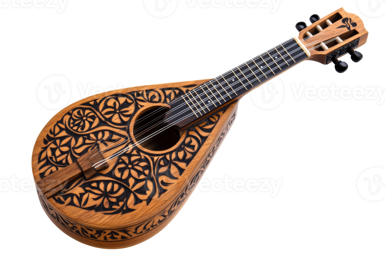 Lute musical instrument with black floral ornament , cut out transparent png