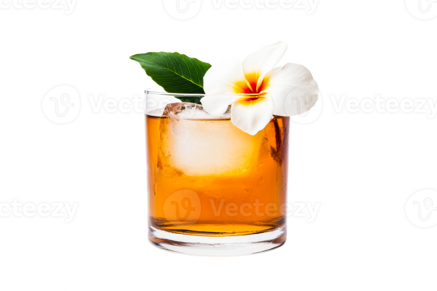 Elegant Cocktail with Tropical Flower and Leaf Decoration, cut out transparent png