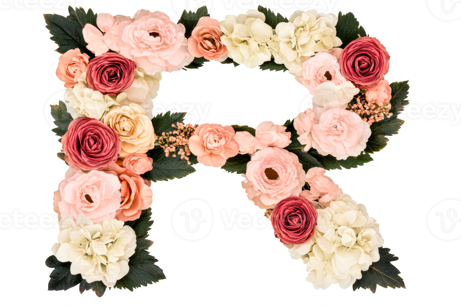 Letter R made with roses, peonies, leaves isolated on black, cut out transparent png