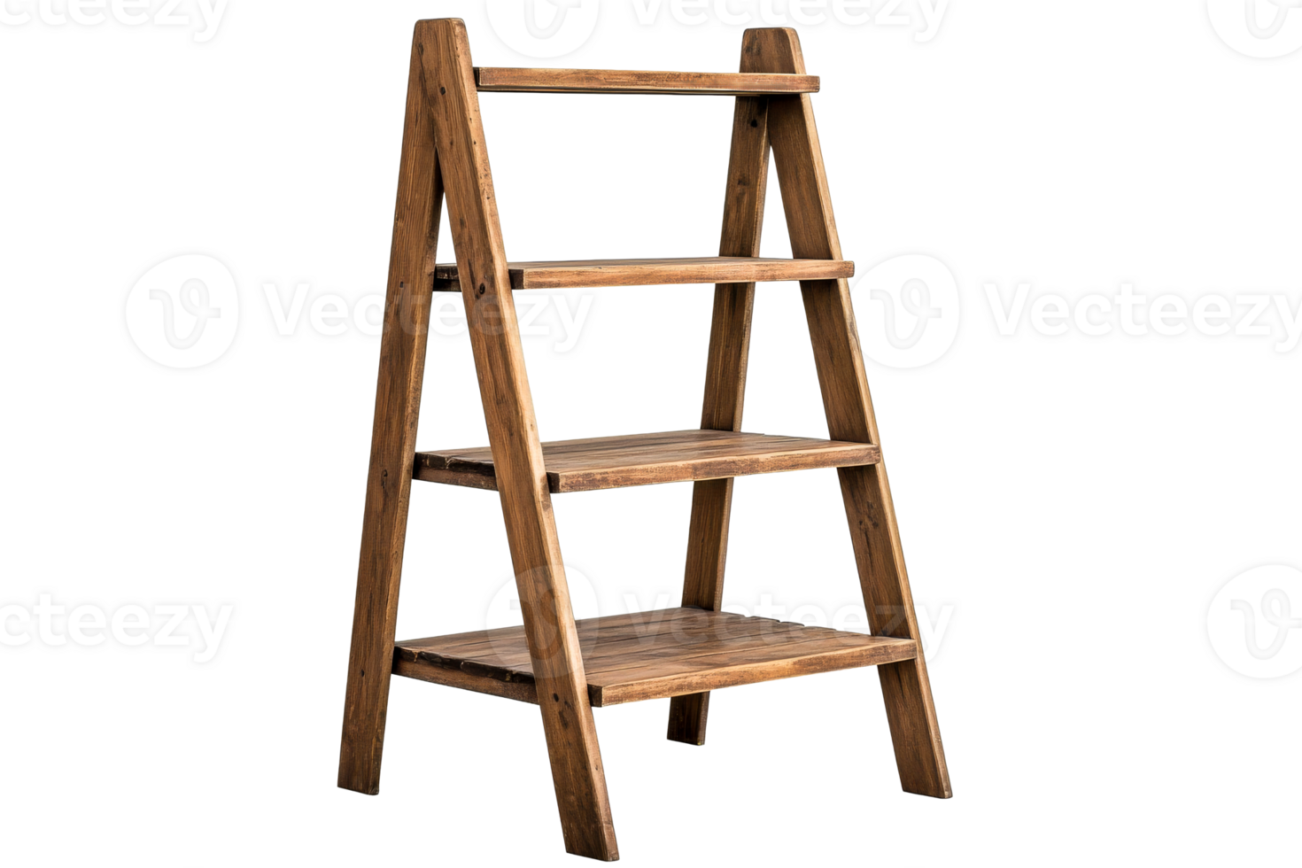 Wooden ladder shelving unit, rustic design, empty shelves, cutout transparent png