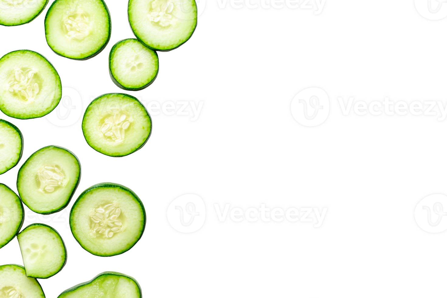 Sliced green cucumbers laid on black background, cut out transparent png