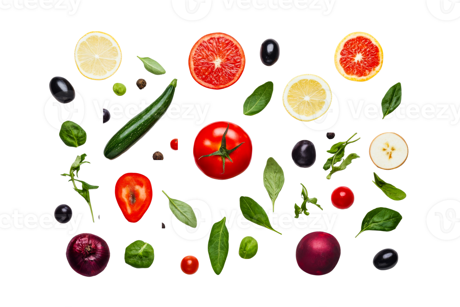 Assorted vegetables and fruits on black background, cut out transparent png