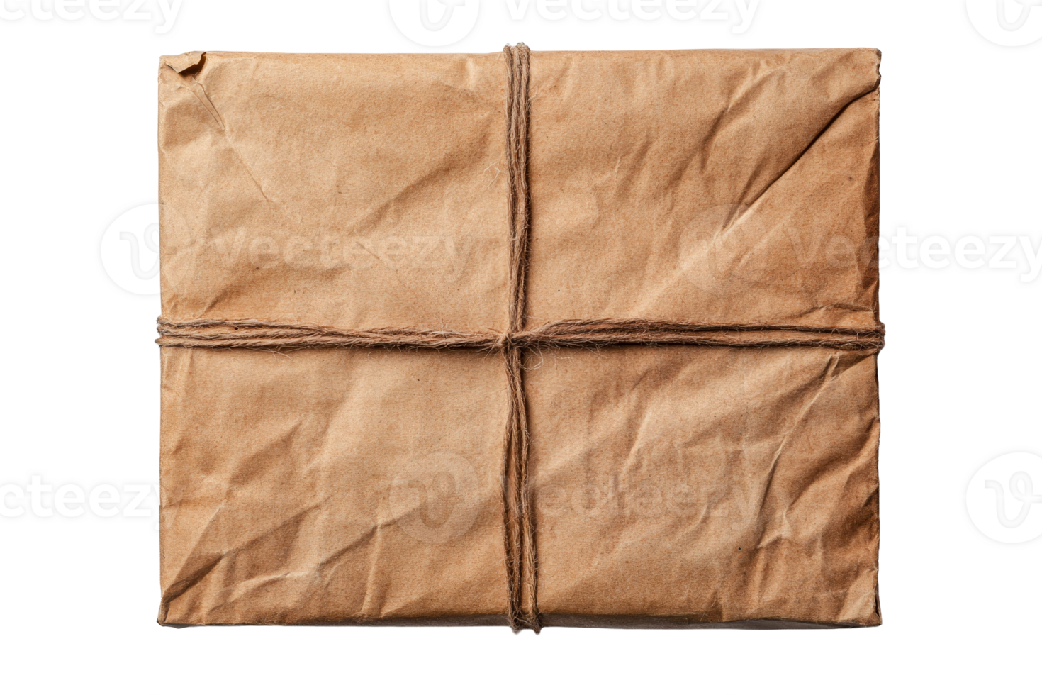 Paper wrapped package tied with twine, brown delivery item, cut out transparent png