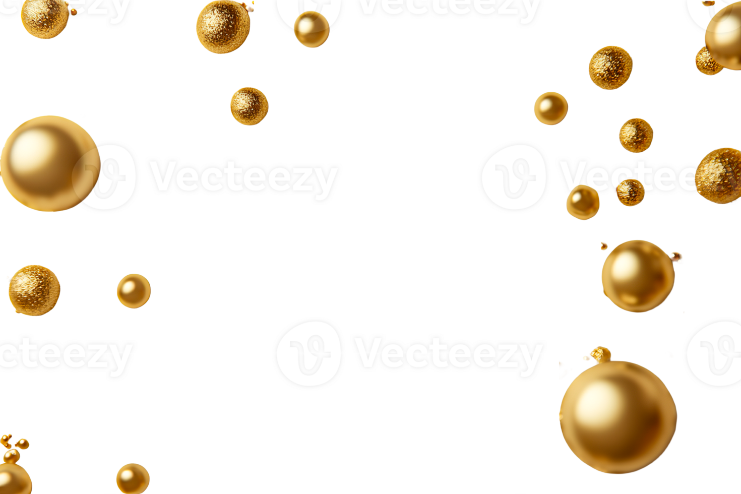 Golden baubles float in a black background, cut out transparent png