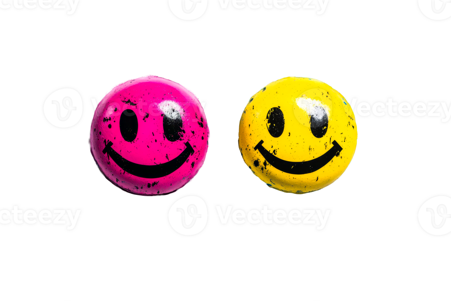 Two bright emoji faces, pink and yellow smileys on black, cut out transparent png