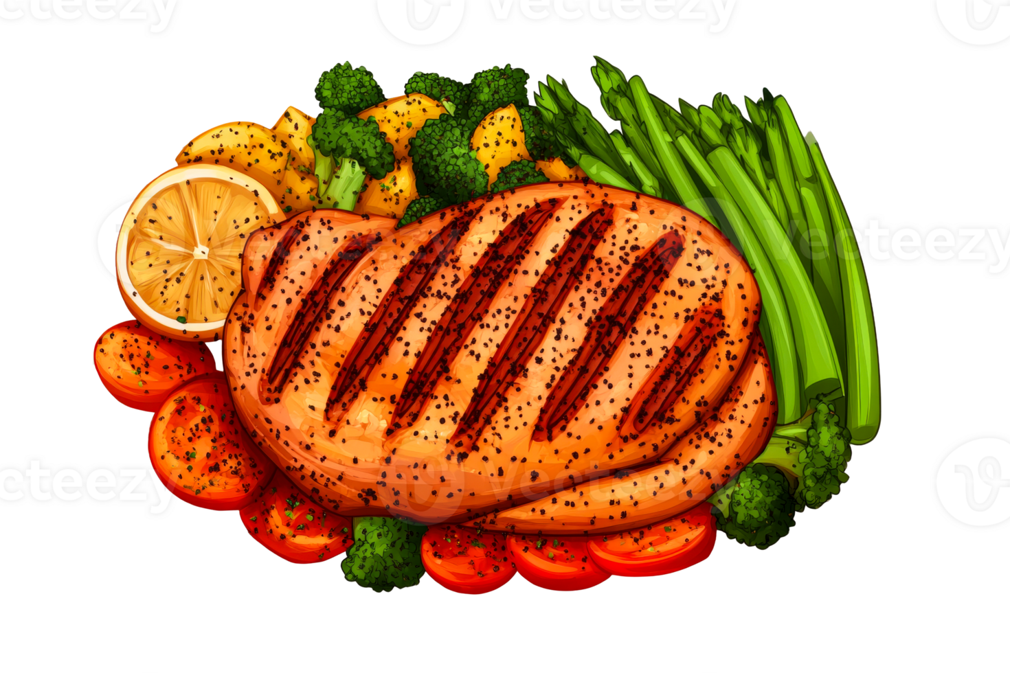 Grilled chicken with asparagus, broccoli, orange, tomatoes, cut out transparent png