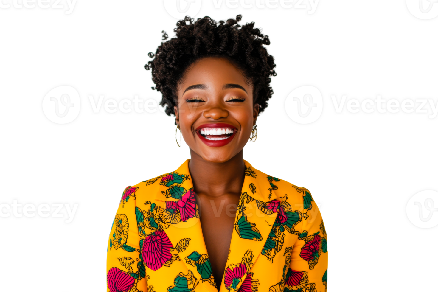 Smiling Woman with Curly Hair and Floral Jacket, cut out transparent png
