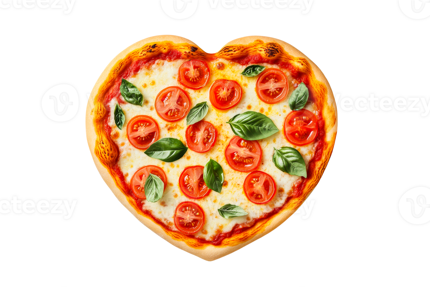 Heart shaped pizza with tomatoes and basil, cut out transparent png
