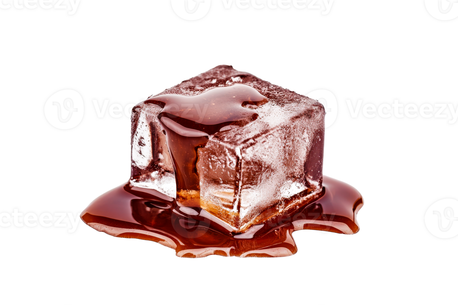 Ice cube with flowing caramel, refreshing texture, cutout transparent png