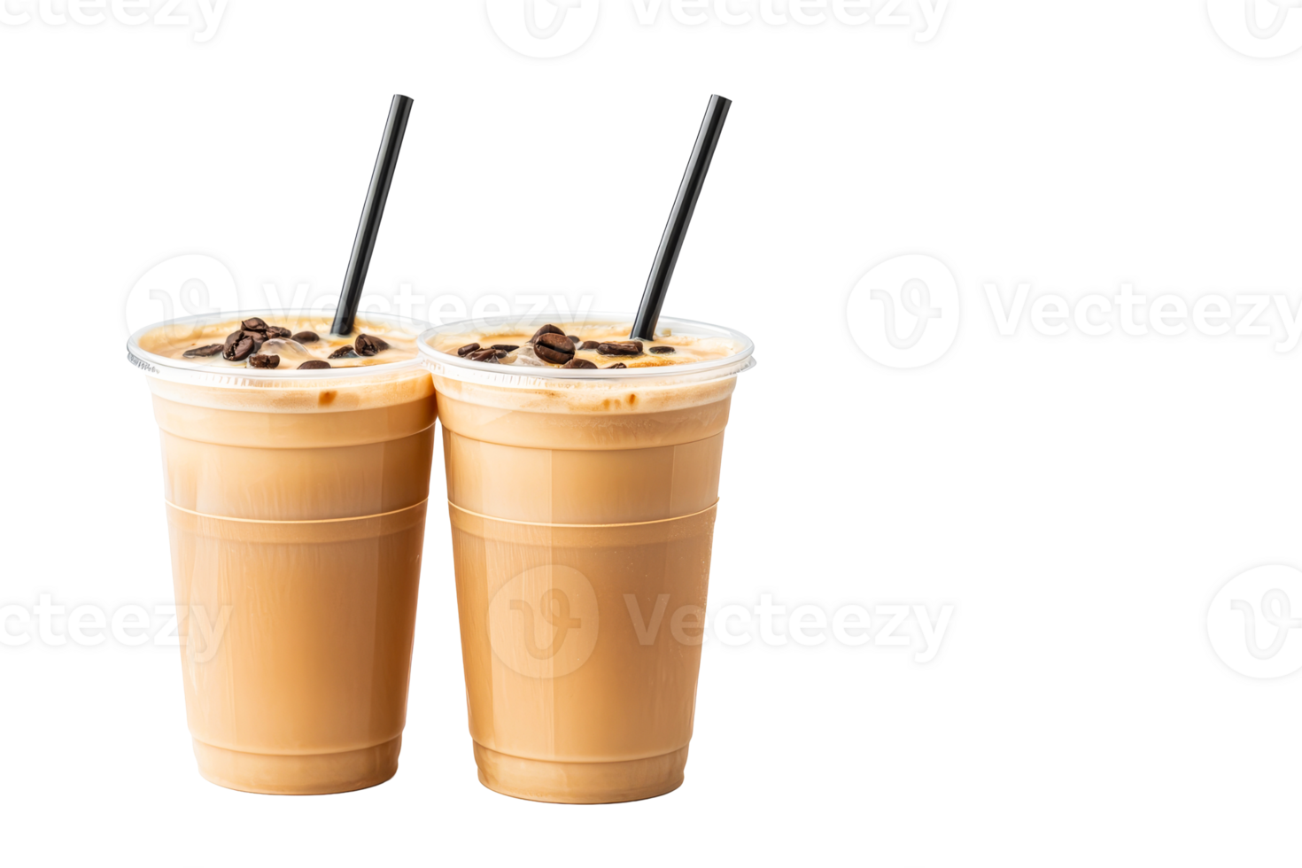 Iced coffee with beans and straws in clear cups, cut out transparent png