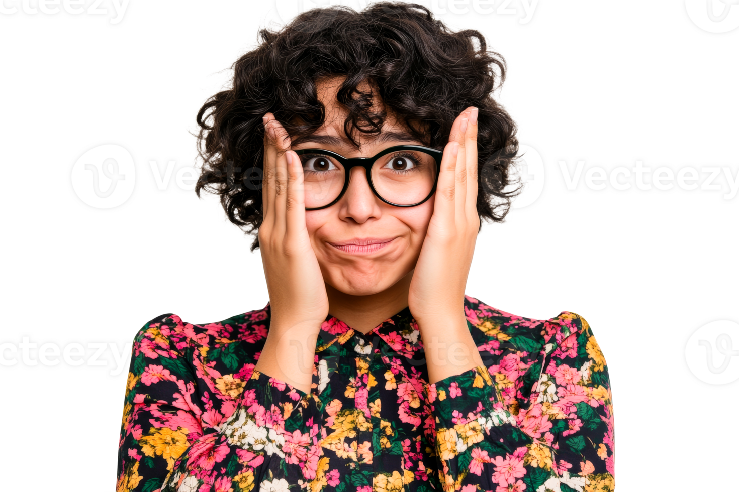 Surprised Woman with Curly Hair and Floral Shirt, cut out transparent png