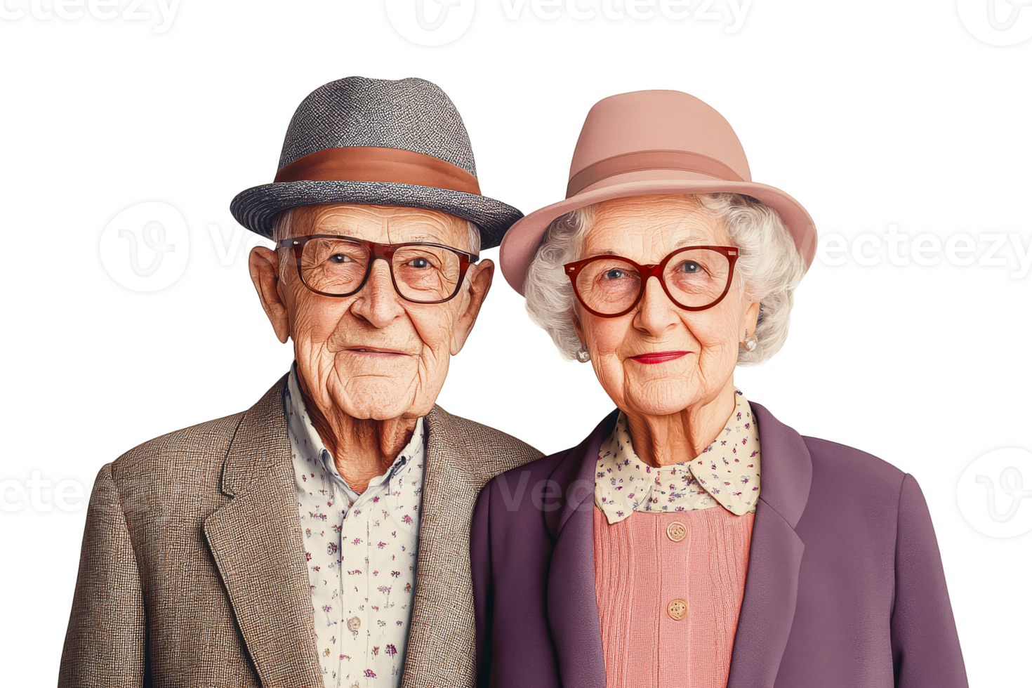 Charming elderly couple in hats, isolated portrait, studio, cut out transparent png