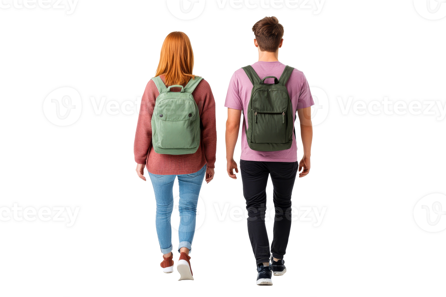 Two people with backpacks walking away, full length view, cut out transparent png