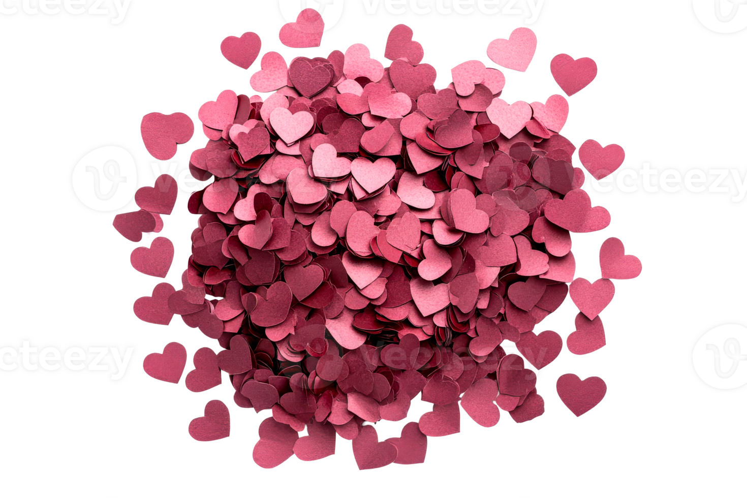 Pile of pink and red heart shaped paper confetti, cut out transparent png