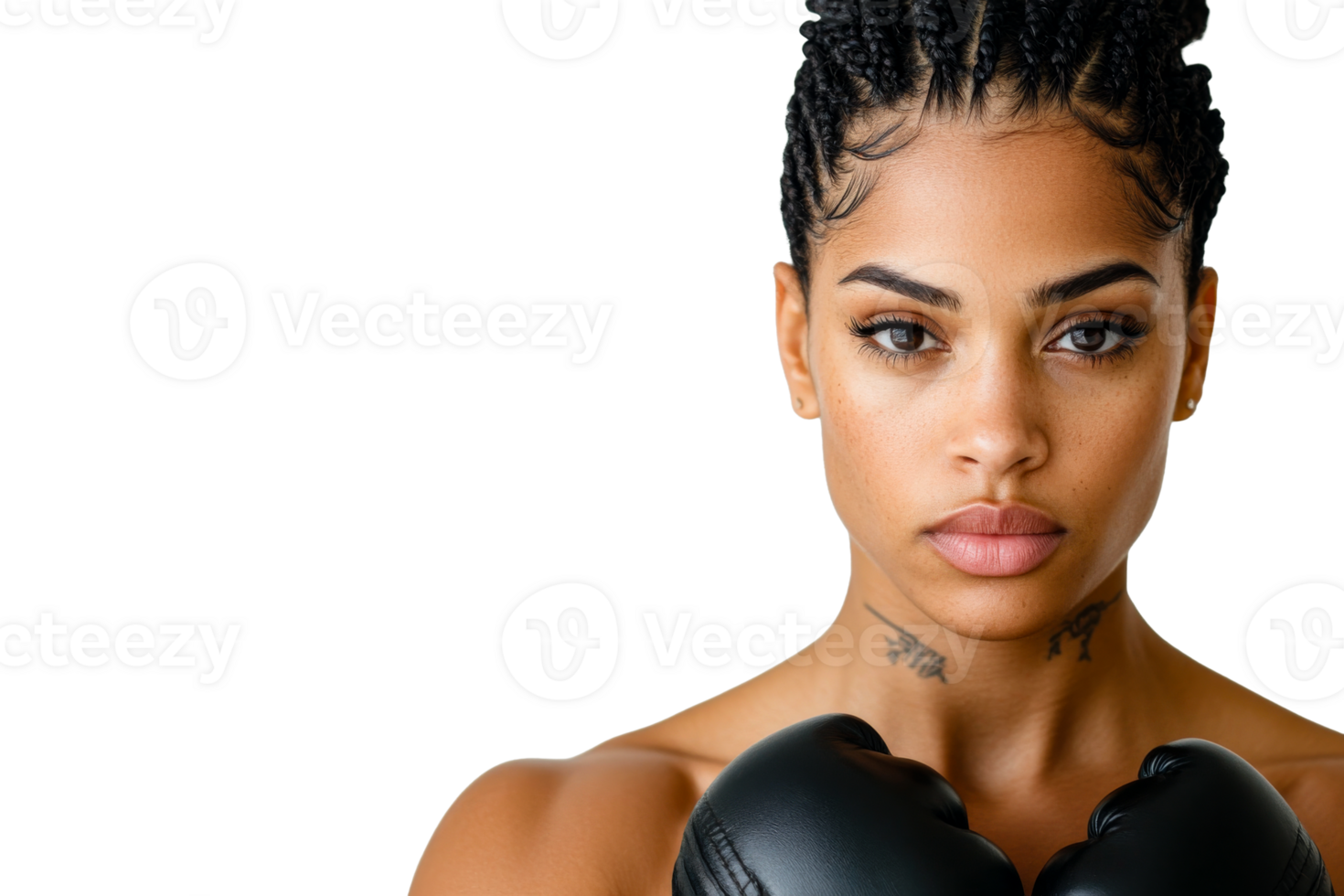Determined woman boxer, protective gloves, portrait, confident, cut out transparent png