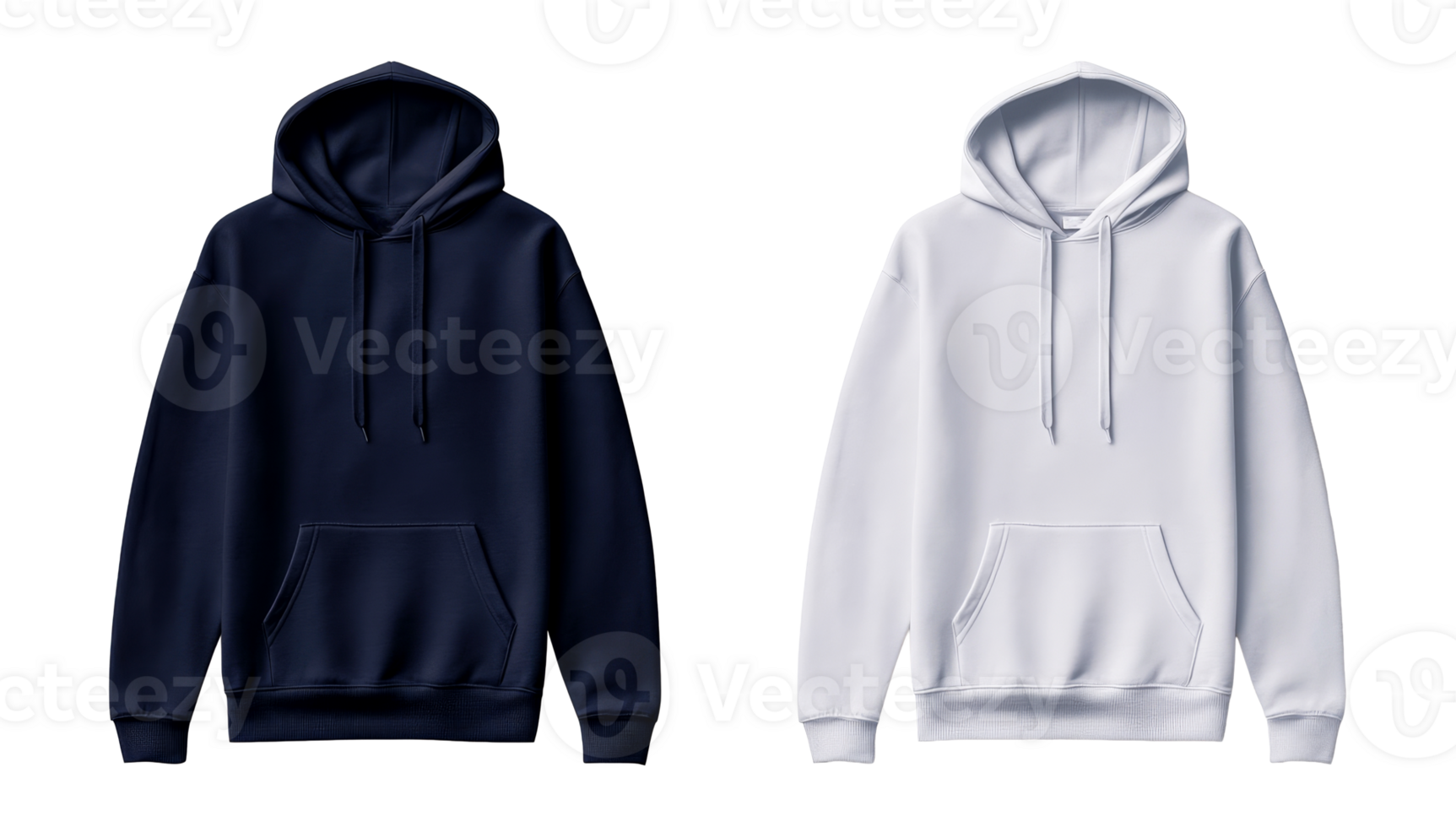 Two hooded sweatshirts isolated against black background, cut out transparent png
