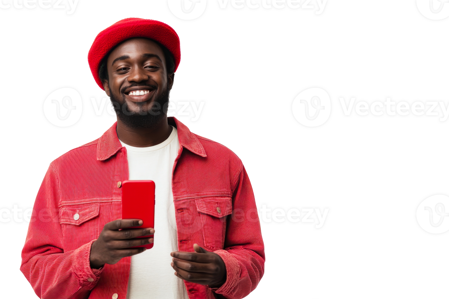 Smiling man holding device wearing jacket, cut out transparent png