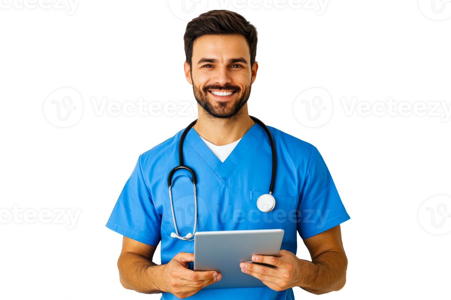 Smiling man doctor posing with tablet, cut out transparent png
