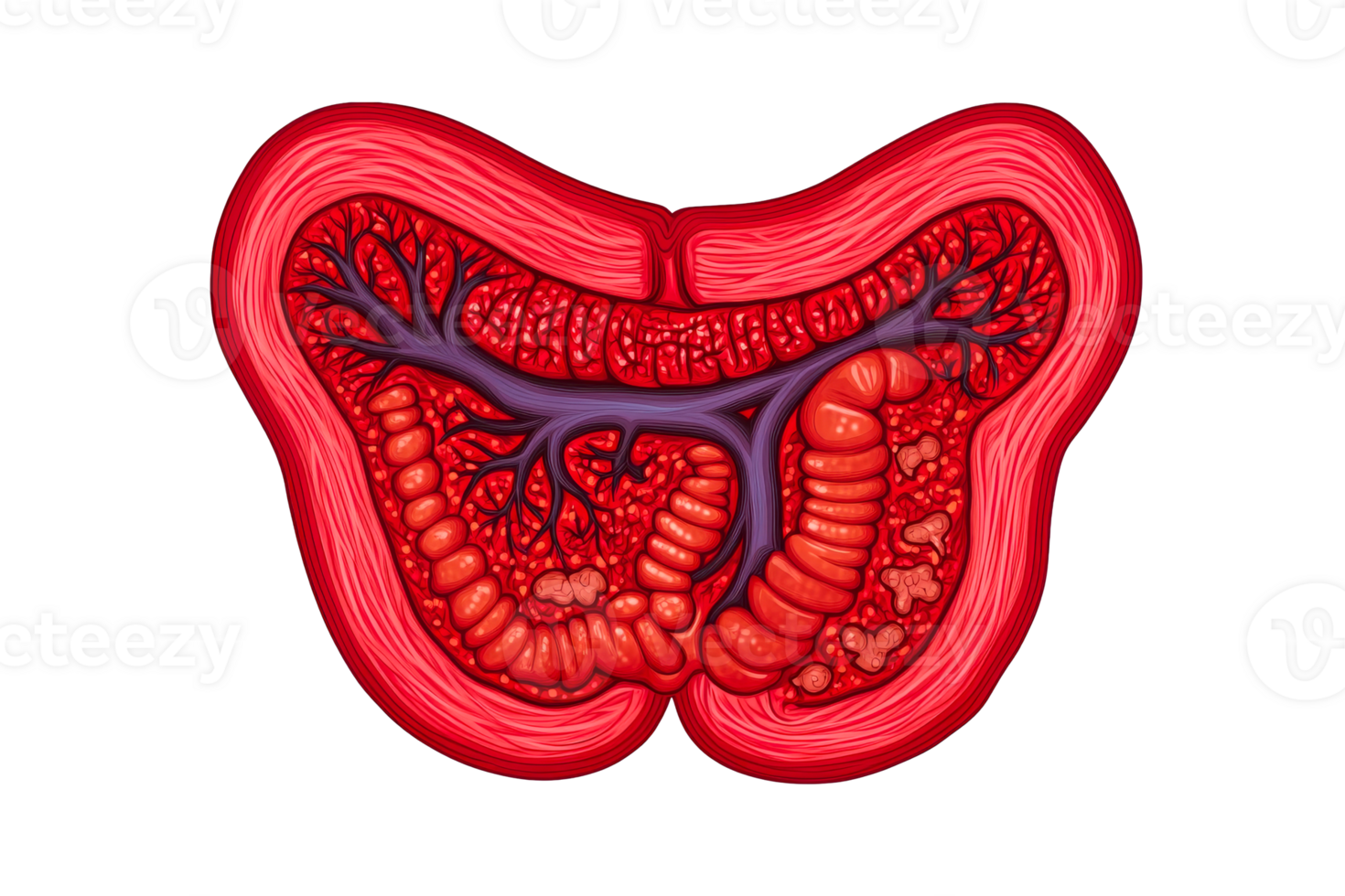 Detailed illustration of a salivary gland with ducts and lobules, cut out transparent png