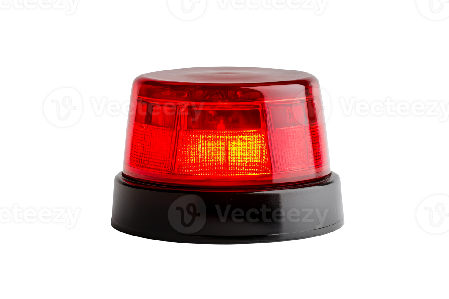 Red emergency light, rotating beacon lamp against black background, cut out transparent png