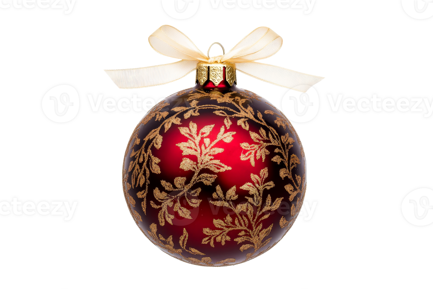 Red patterned bauble with gold ribbon, cut out transparent png