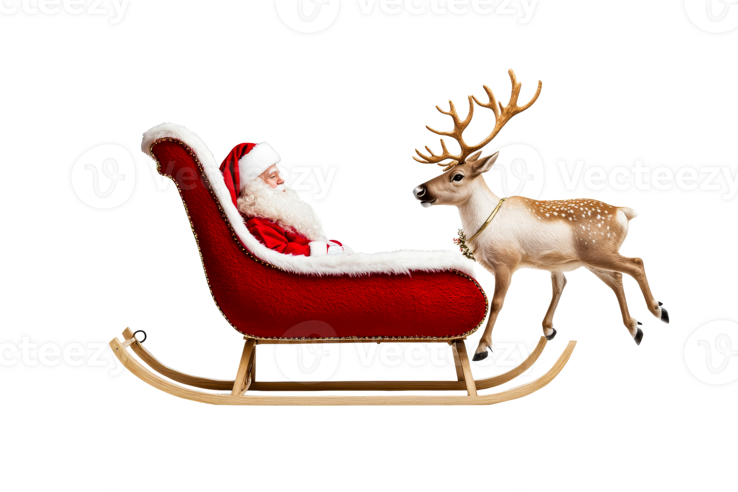 Santa Claus sleeping in a sleigh with reindeer, cut out transparent png