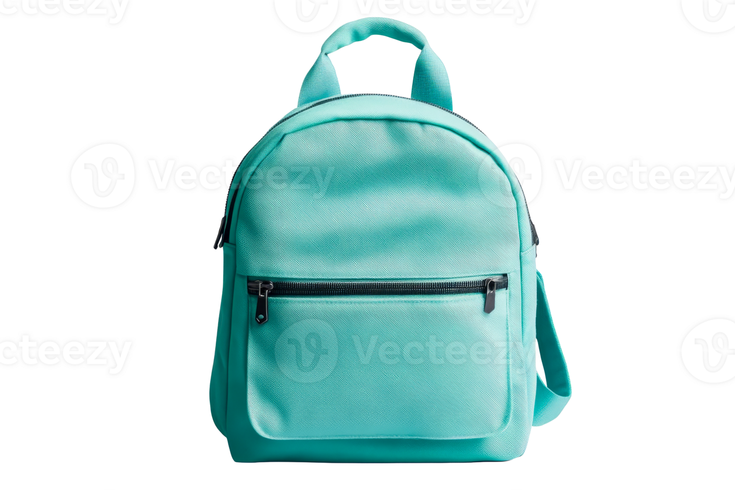 Aqua-colored backpack with zipper and pocket, accessories, cut out transparent png