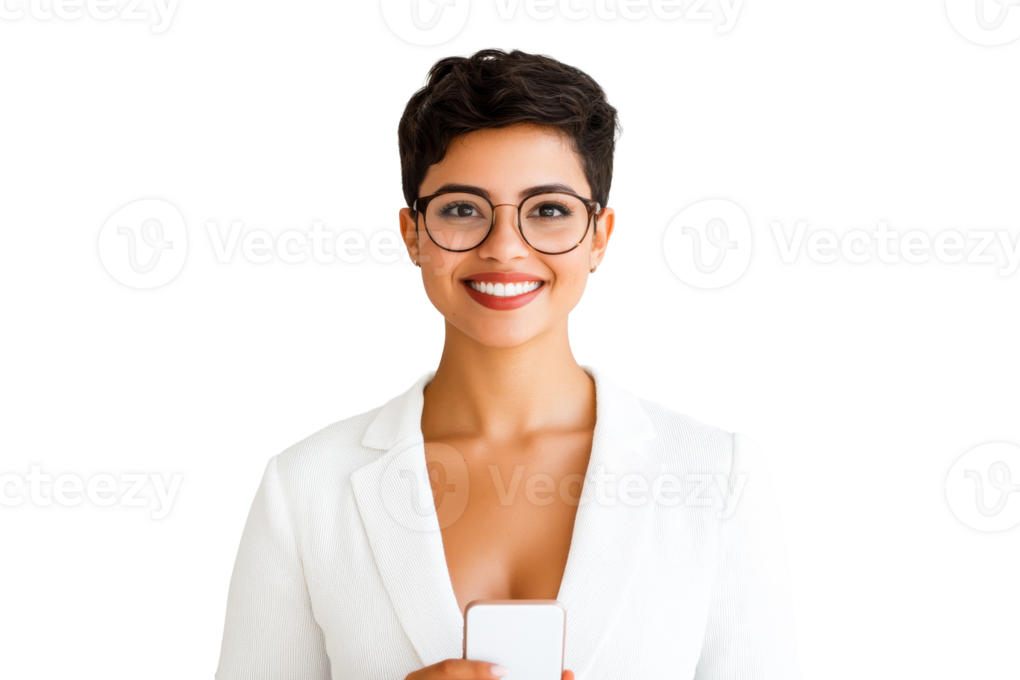 Professional businesswoman smiling in white blazer, holding phone, cut out transparent png