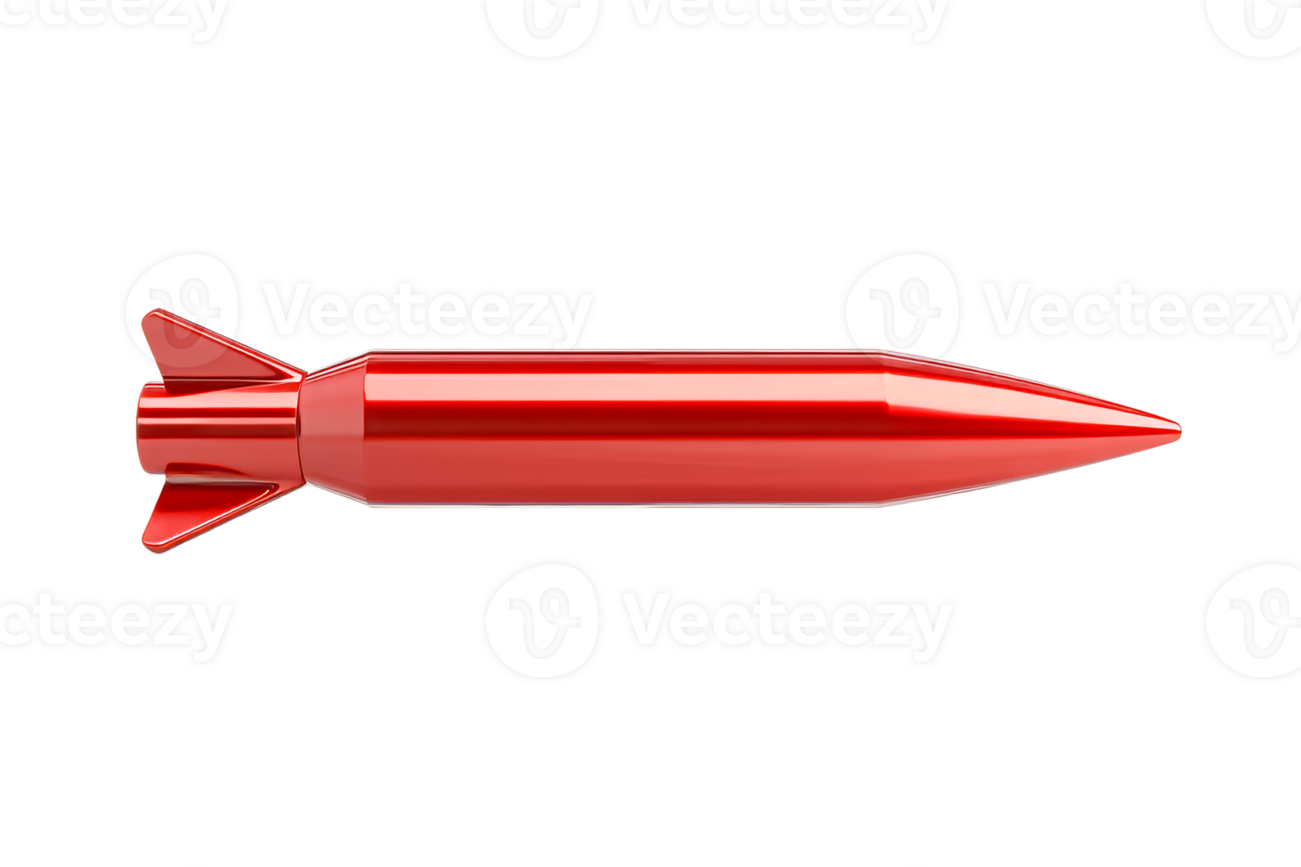 Red rocket projectile with wings on black background, cut out transparent png