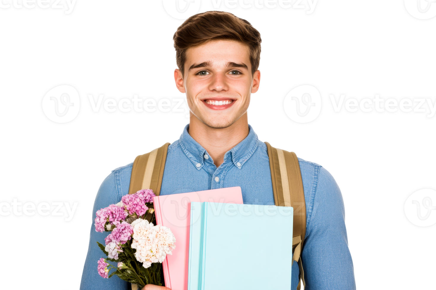 Smiling student with flowers and books, cut out transparent png