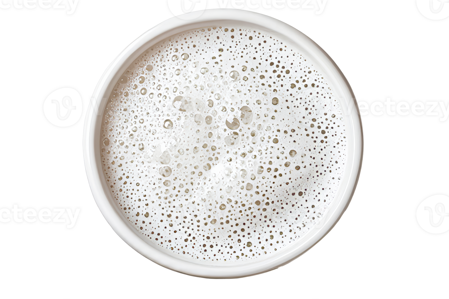 Bubbles in white cup overhead shot, macro, liquid, top view, cut out transparent png