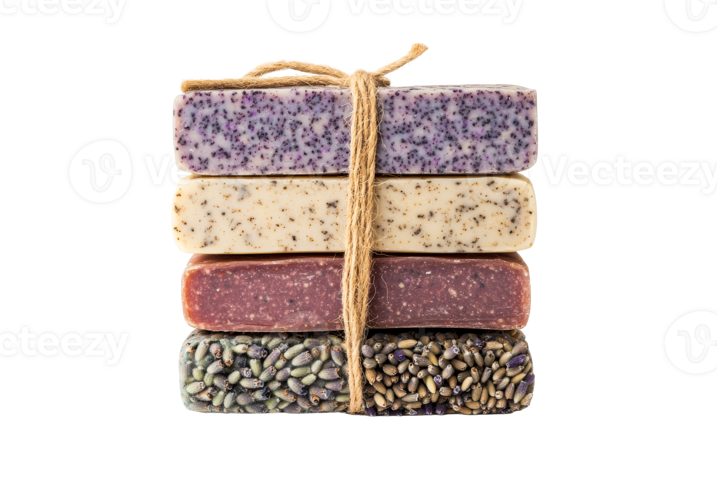 Stack of handmade soap bars tied with twine, cut out transparent png