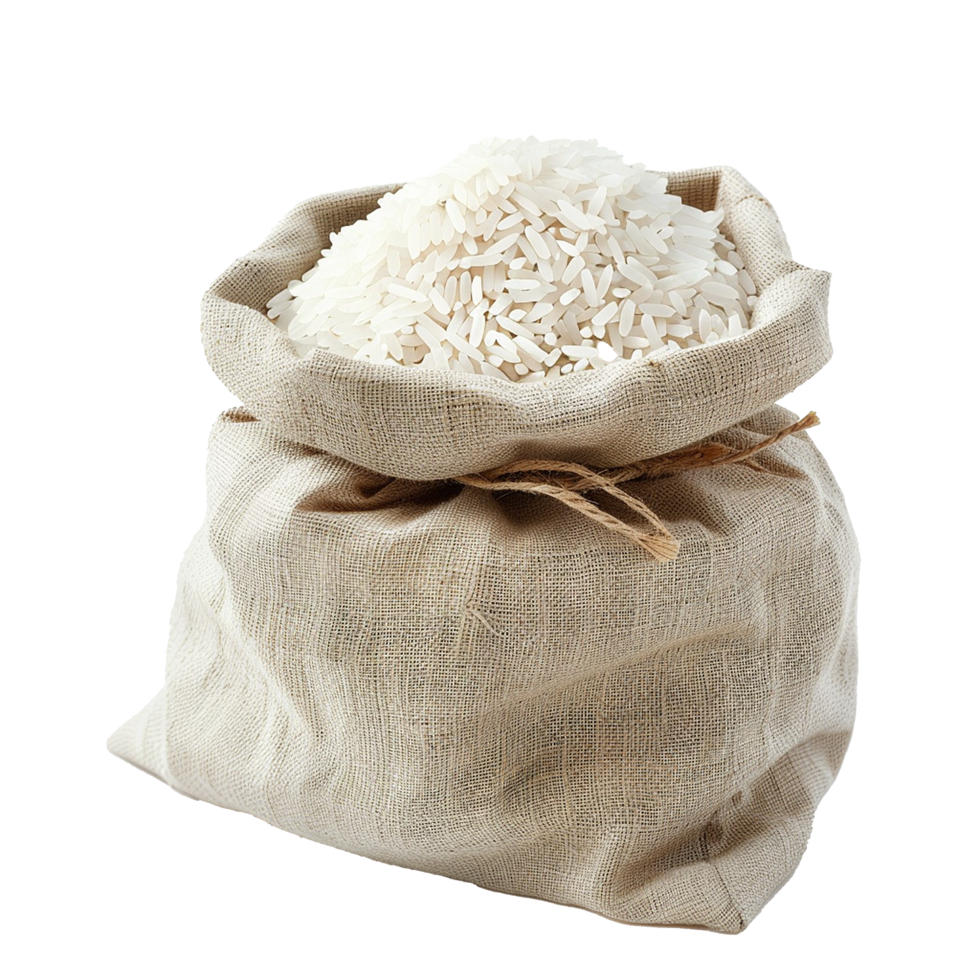 burlap sack full of uncooked white rice grain png