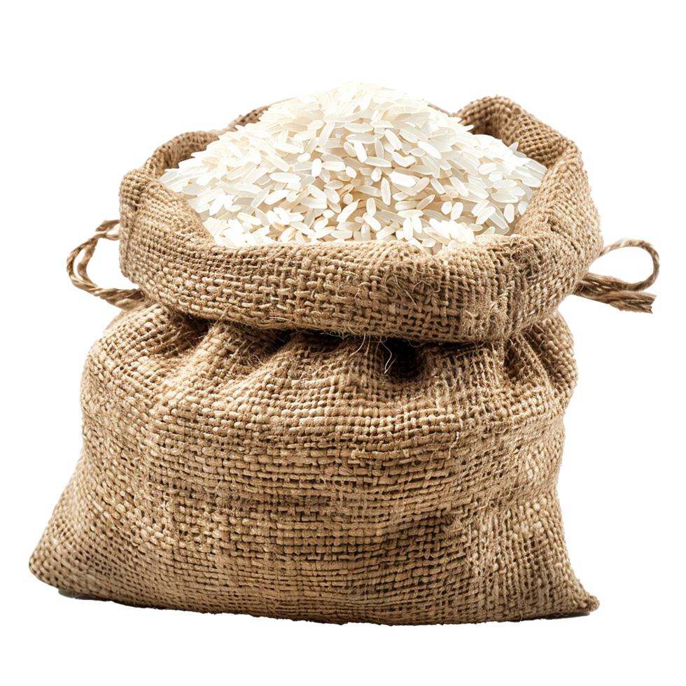 A burlap sack full of uncooked white rice grain a staple food png