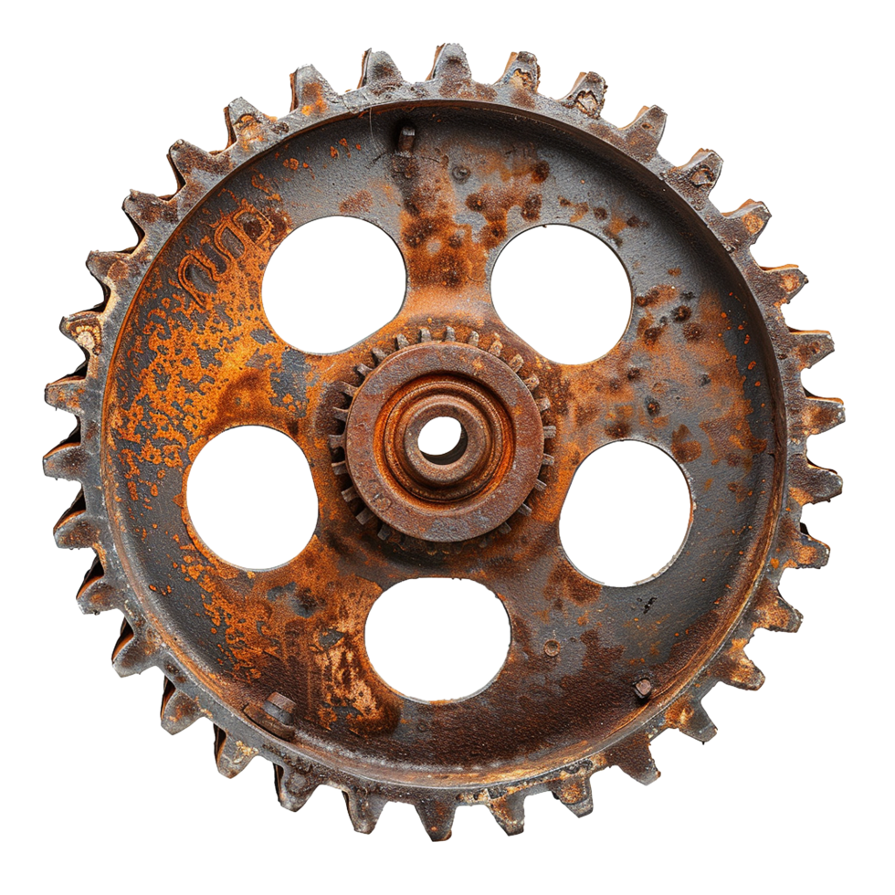 A rusty antique gear wheel with five holes industrial machinery component png