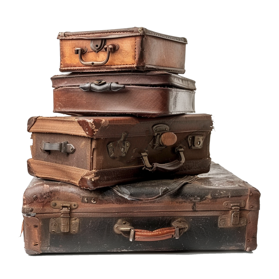 A Stack of Vintage Brown Leather Suitcases Showing Signs of Age and Wear png